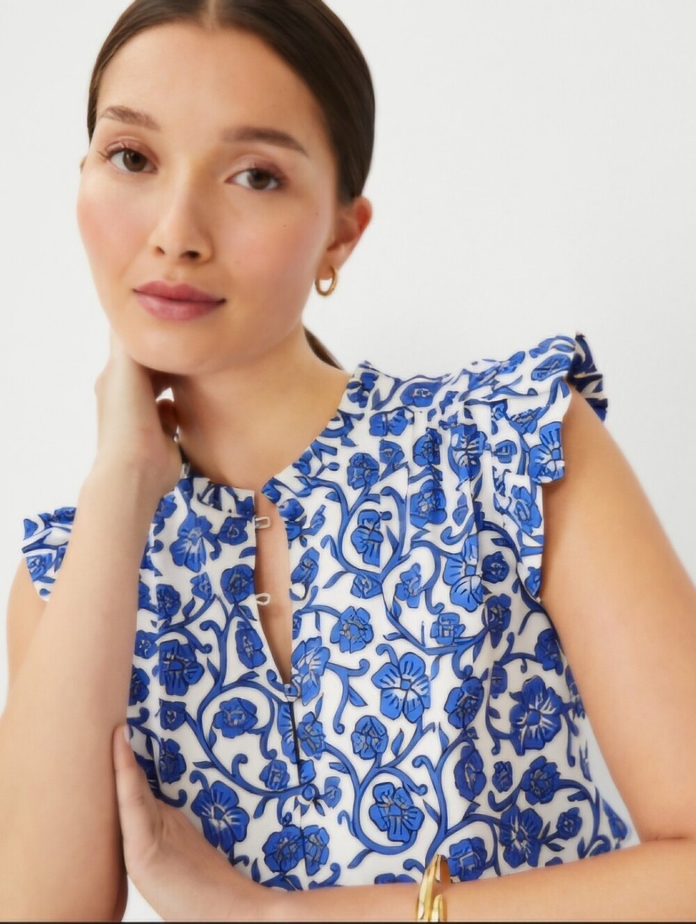 Ann Taylor Blue Floral Mixed Media Ruffle-Sleeve Women's Blouse